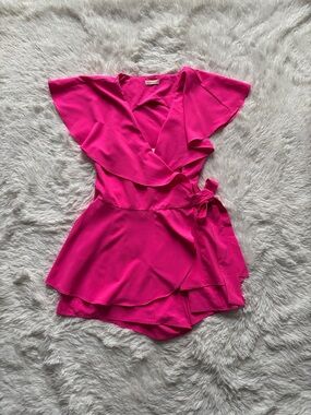 Main Strip Hot Pink Flutter-Sleeve Wrap Romper/Dress